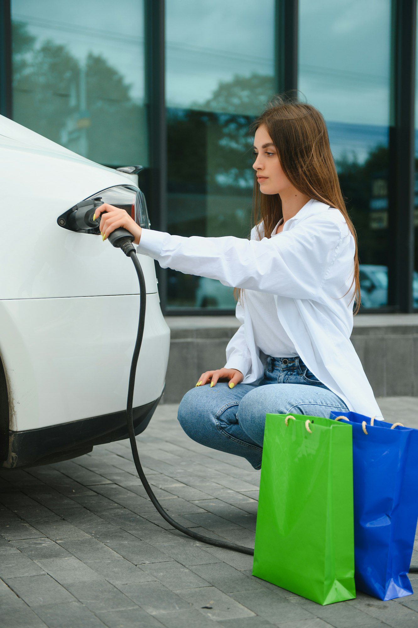 Woman near electric car. Vehicle charged at Buffalo Airport charging station
